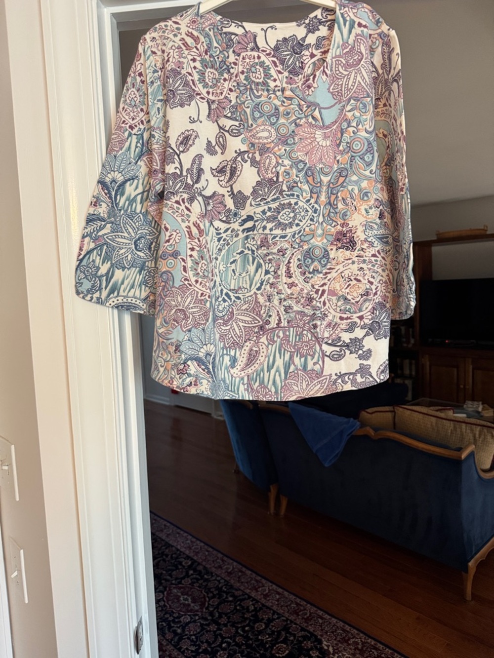 Chico’s Women's Paisley Print Scoop Neck Top in Cream and Blue, 100% cotton